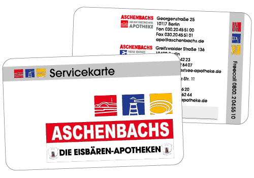 Servicekarte der Aschenbachs Apotheken. Auf der Vorderseite sind die Apotheken-Logos abgebildet, auf der Rückseite die einzelnen Kontaktdaten