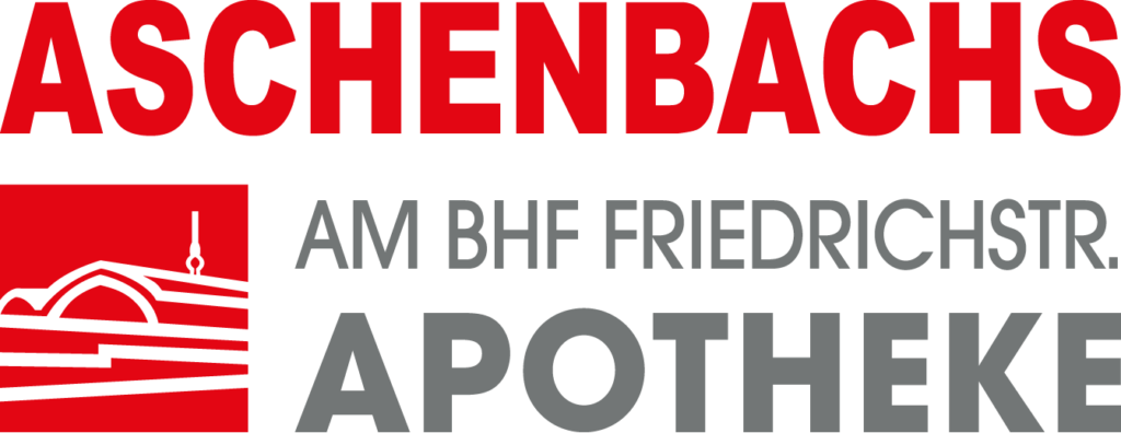 Logo der Aschenbachs Apotheke am Bhf Friedrichstraße. Unter einem roten ASCHENBACHS stehen ein rotes Icon und der Name
