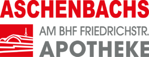 Logo der Aschenbachs Apotheke am Bhf Friedrichstraße. Unter einem roten ASCHENBACHS stehen ein rotes Icon und der Name