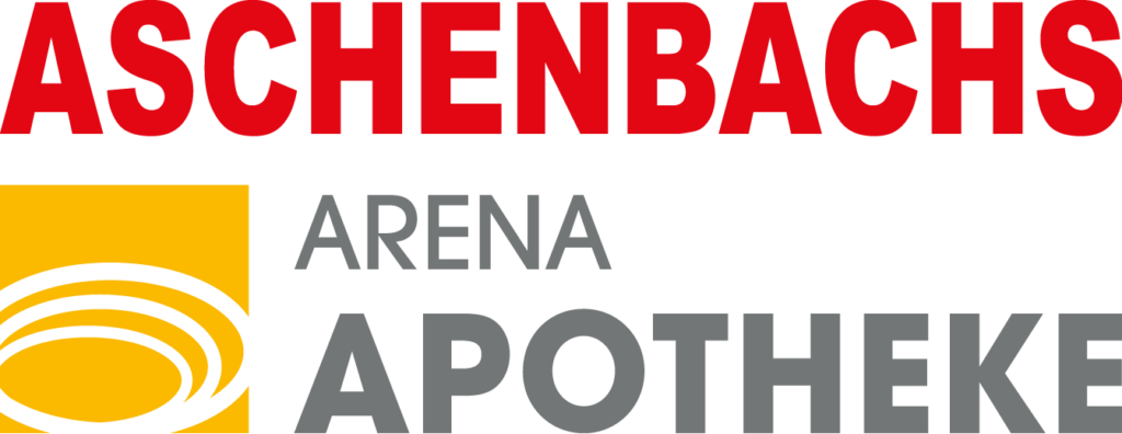 Logo der Aschenbachs Arena Apotheke. Unter einem roten ASCHENBACHS stehen ein gelbes Icon und der Name der Apotheke