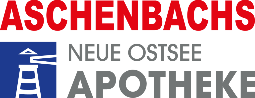 Logo der Aschenbachs Neue Ostsee Apotheke. Unter einem roten ASCHENBACHS stehen ein blaues Icon und der Name der Apotheke