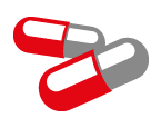 Icon von zwei Weichkapseln, die zwei Hälften sind jeweils rot und grau.
