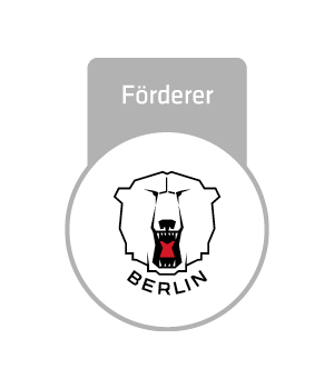 Logo der Förderer der Eisbären Berlin. Über einem weißen Kreis mit Eisbären-Kopf steht in grau das Wort "Förderer"