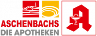 Gesamtlogo der Aschenbachs Apotheken. Oben 2 viereckige Icons mit einem Bahnhof und 3 ovalen. Darunter steht Aschenbachs die Apotheken, rechts daneben ist das Apotheken A in einem Kasten
